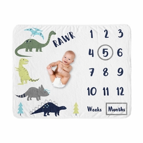 Mod Dinosaur Blue And Green Collection Monthly Milestone Baby Blanket