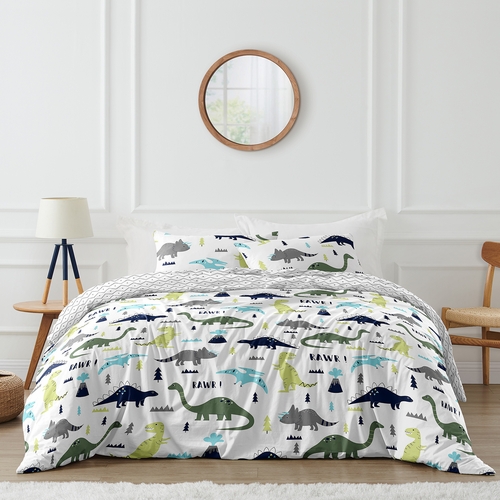 Mod Dinosaur Blue and Green Collection Queen Duvet Cover Bedding Set