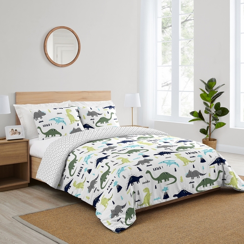 Mod Dinosaur Blue and Green Collection Queen Duvet Cover Bedding Set - alt image 1