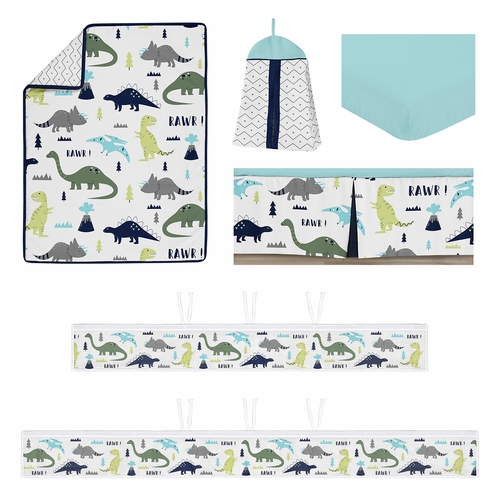 Mod Dinosaur Blue and Green Collection Sweet Jojo Designs 6 Piece Crib Bedding + BreathableBaby Breathable Mesh Liner - alt image 1