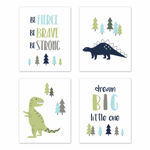 Mod Dinosaur Blue and Green Collection Wall Art Prints - Set of 4