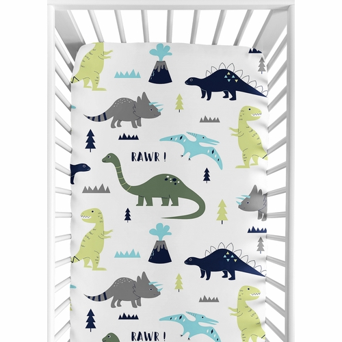 Mod Dinosaur Blue and Green Cotton Crib Sheet - 100% Cotton