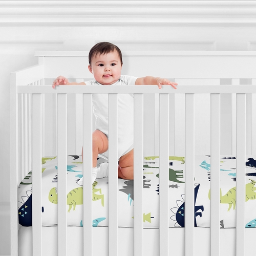 Mod Dinosaur Blue and Green Cotton Crib Sheet - 100% Cotton - alt image 1