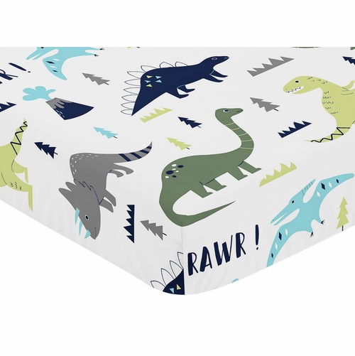 Mod Dinosaur Blue and Green Cotton Crib Sheet - 100% Cotton - alt image 2