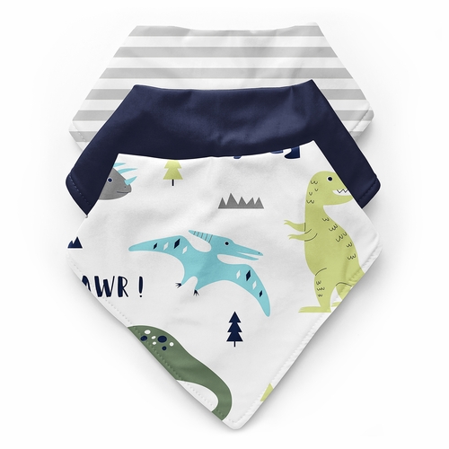 Mod Dinosaur Blue and Green Fabric Bandana Baby Bibs - 3 Pack Set