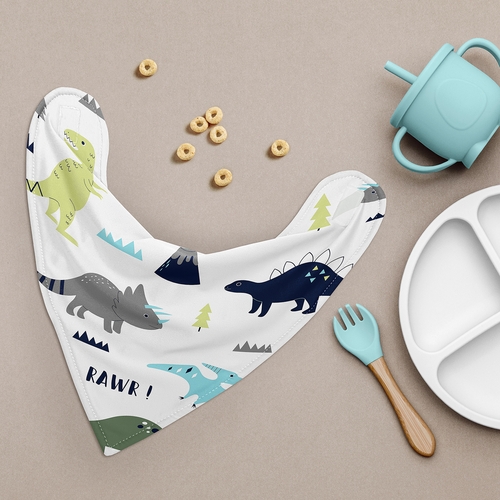 Mod Dinosaur Blue and Green Fabric Bandana Baby Bibs - 3 Pack Set - alt image 1