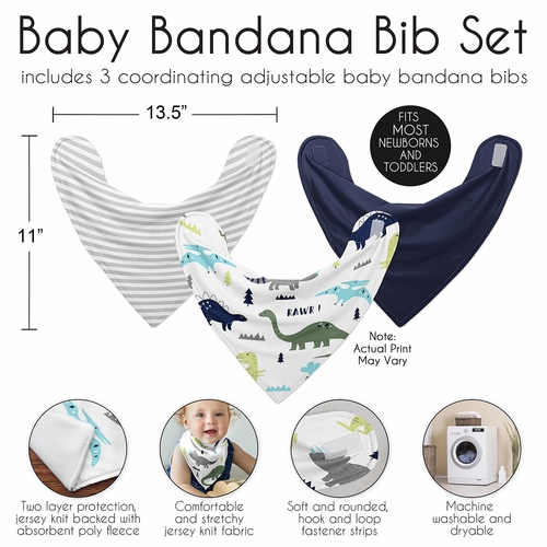 Mod Dinosaur Blue and Green Fabric Bandana Baby Bibs - 3 Pack Set - alt image 2