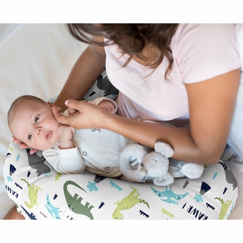Mod Dinosaur Blue and Green Nursing Breastfeeding Pillow Cover - alt image 1