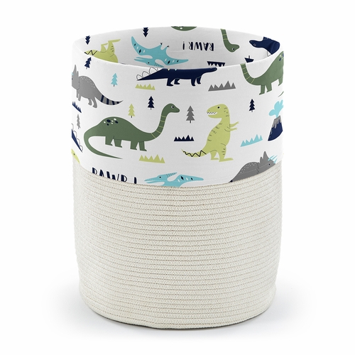 Mod Dinosaur Blue and Green Woven Laundry Rope Basket Hamper with Liner