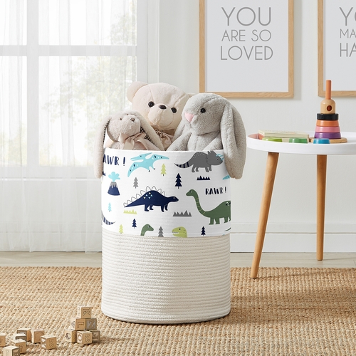 Mod Dinosaur Blue and Green Woven Laundry Rope Basket Hamper with Liner - alt image 2