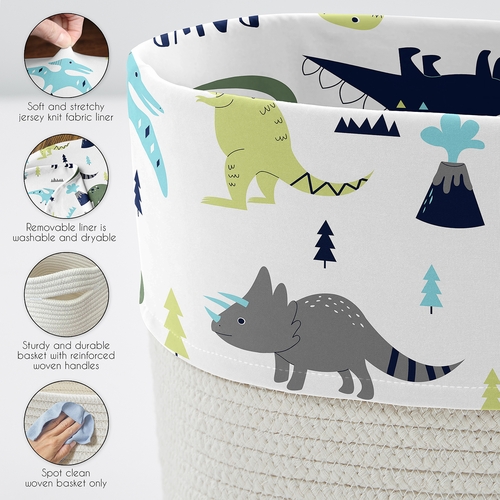 Mod Dinosaur Blue and Green Woven Laundry Rope Basket Hamper with Liner - alt image 3