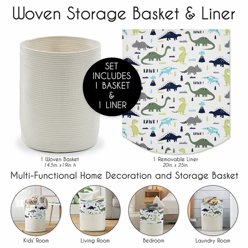 Mod Dinosaur Blue and Green Woven Laundry Rope Basket Hamper with Liner - alt image 4