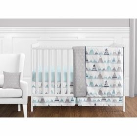 Mountains Grey and Aqua 11 Piece Bumperless Crib Bedding Collection