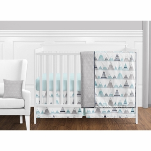Mountains Grey and Aqua 11 Piece Bumperless Crib Bedding Collection