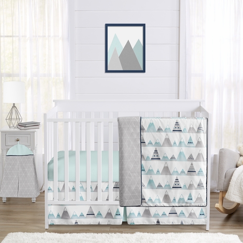 Mountains Grey and Aqua 4 Piece Bumperless Crib Bedding Collection