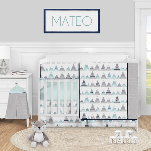 Mountains Grey and Aqua Collection 5 Piece Crib Bedding