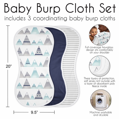 Mountains Grey and Aqua Collection Absorbent Burp Cloths - 3 Pack Set - alt image 5