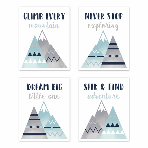 Mountains Grey and Aqua Collection  Wall Art Prints - Set of 4