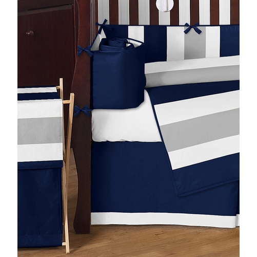Navy and Gray Stripe 9 Piece Crib Bedding Collection - alt image 1
