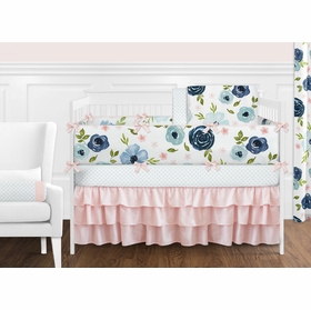 Navy Blue and Pink Watercolor Floral 9 Piece Crib Bedding Collection