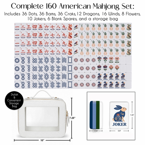 Navy Blue Folk Collection American Mahjong Tile Set (160pc) 1.24in. Layered Acrylic with White Faux Leather Travel Bag - alt image 1