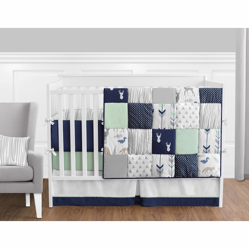 Navy, Mint and Grey Woodsy 9 Piece Crib Bedding Collection