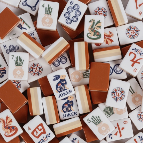 Orange Folk Collection American Mahjong Tile Set (160pc) 1.24in. Layered Acrylic with White Faux Leather Travel Bag - alt image 2