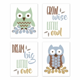 Owl Blue Collection Wall Art Prints - Set of 4