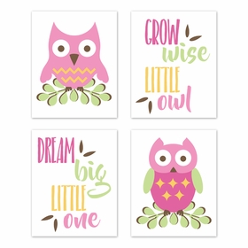 Owl Pink Collection Wall Art Prints - Set of 4