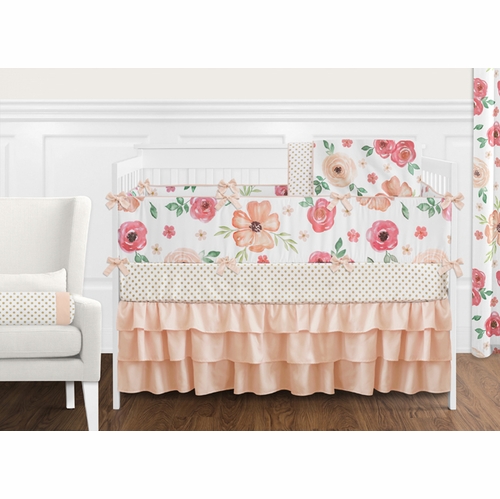 Peach and Green Watercolor Floral 9 Piece Crib Bedding Collection