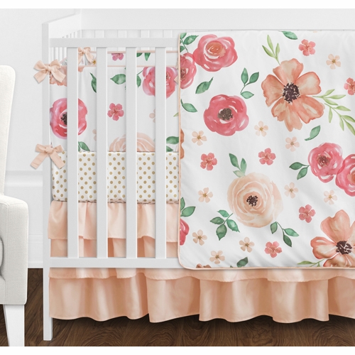 Peach and Green Watercolor Floral 9 Piece Crib Bedding Collection - alt image 2