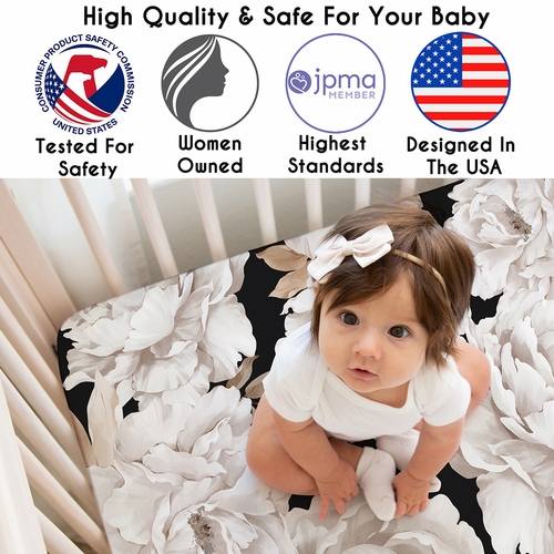 Peony Floral Garden Black and Ivory Collection Crib Sheet - alt image 2