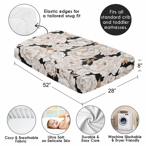 Peony Floral Garden Black and Ivory Collection Crib Sheet - alt image 3