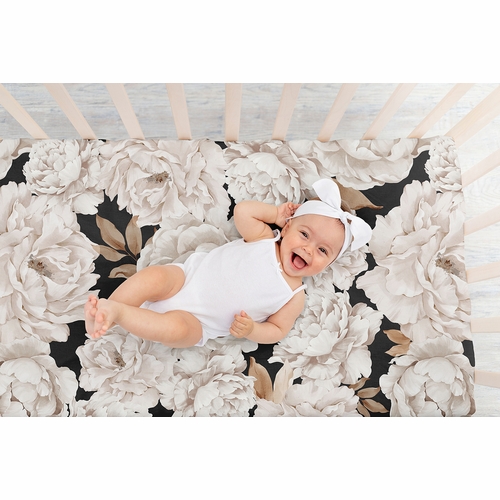 Peony Floral Garden Black and Ivory Collection Crib Sheet - alt image 5