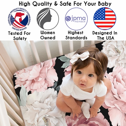 Peony Floral Garden Black and Pink Collection Crib Sheet - alt image 2