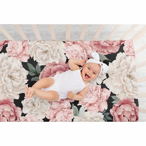Peony Floral Garden Black and Pink Collection Crib Sheet - alt image 5