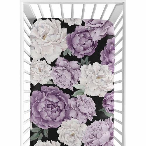 Peony Floral Garden Black and Purple Collection Crib Sheet