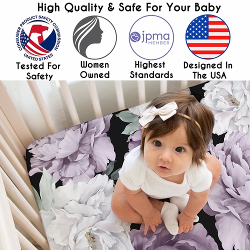 Peony Floral Garden Black and Purple Collection Crib Sheet - alt image 2