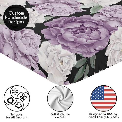 Peony Floral Garden Black and Purple Collection Crib Sheet - alt image 4