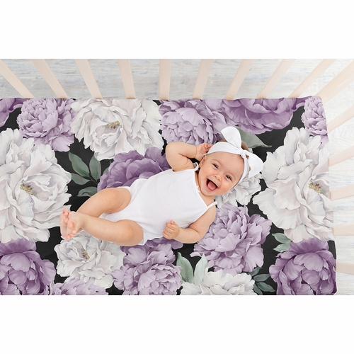 Peony Floral Garden Black and Purple Collection Crib Sheet - alt image 5