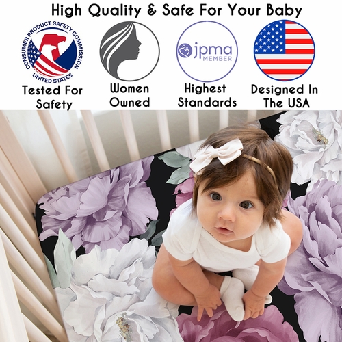 Peony Floral Garden Black and Rose Collection Crib Sheet - alt image 2