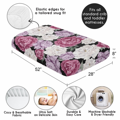 Peony Floral Garden Black and Rose Collection Crib Sheet - alt image 3