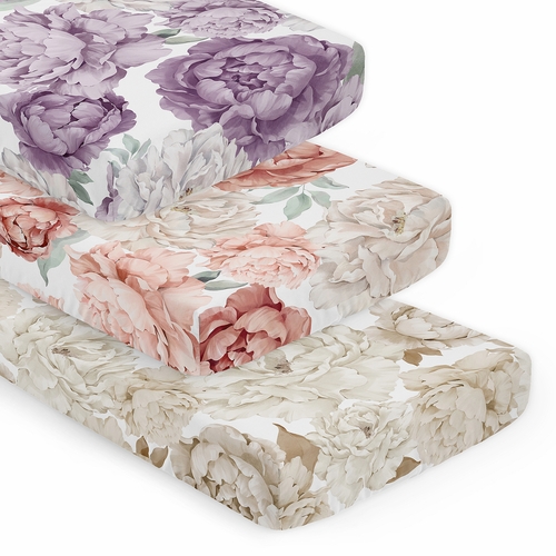 Peony Floral Garden Lavender Purple and Ivory Collection 3 Pack Crib Sheets