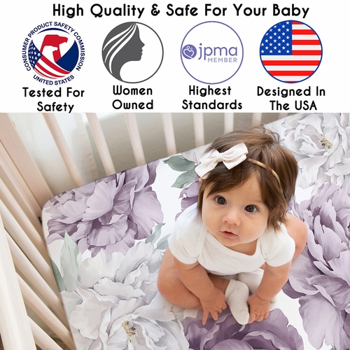 Peony Floral Garden Lavender Purple and Ivory Collection 3 Pack Crib Sheets - alt image 1