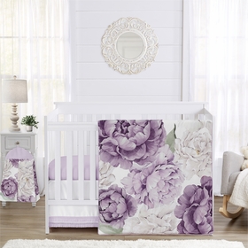 Peony Floral Garden Lavender Purple and Ivory Collection 4 Piece Crib Bedding
