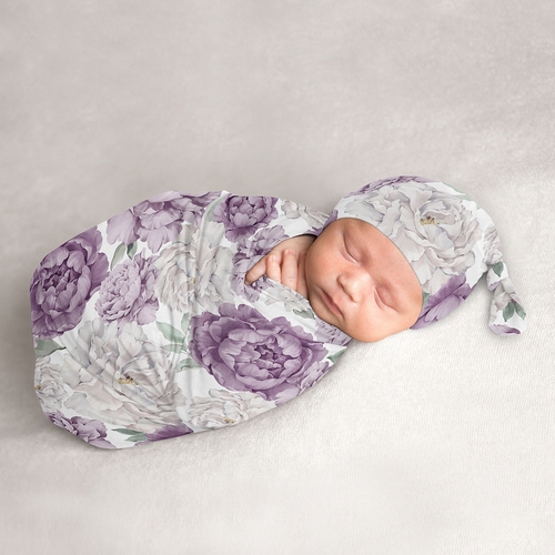 Peony Floral Garden Lavender Purple and Ivory Collection Baby Cocoon and Beanie Hat - 2 Piece Set
