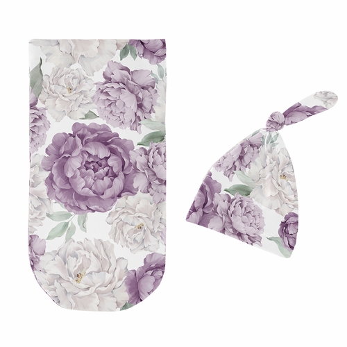 Peony Floral Garden Lavender Purple and Ivory Collection Baby Cocoon and Beanie Hat - 2 Piece Set - alt image 1