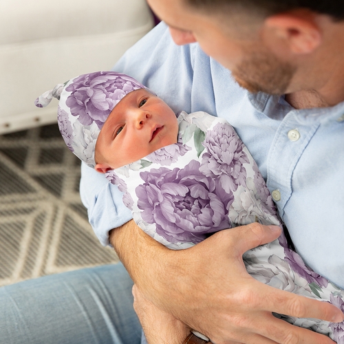 Peony Floral Garden Lavender Purple and Ivory Collection Baby Cocoon and Beanie Hat - 2 Piece Set - alt image 2