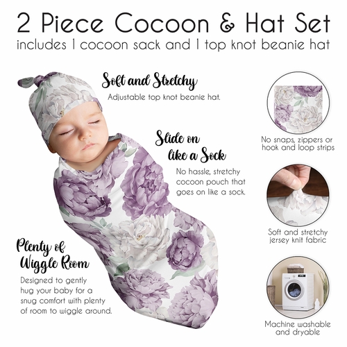 Peony Floral Garden Lavender Purple and Ivory Collection Baby Cocoon and Beanie Hat - 2 Piece Set - alt image 5