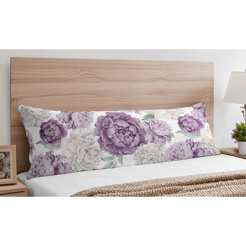 Peony Floral Garden Lavender Purple and Ivory Collection Body Pillow Cover Case - alt image 1